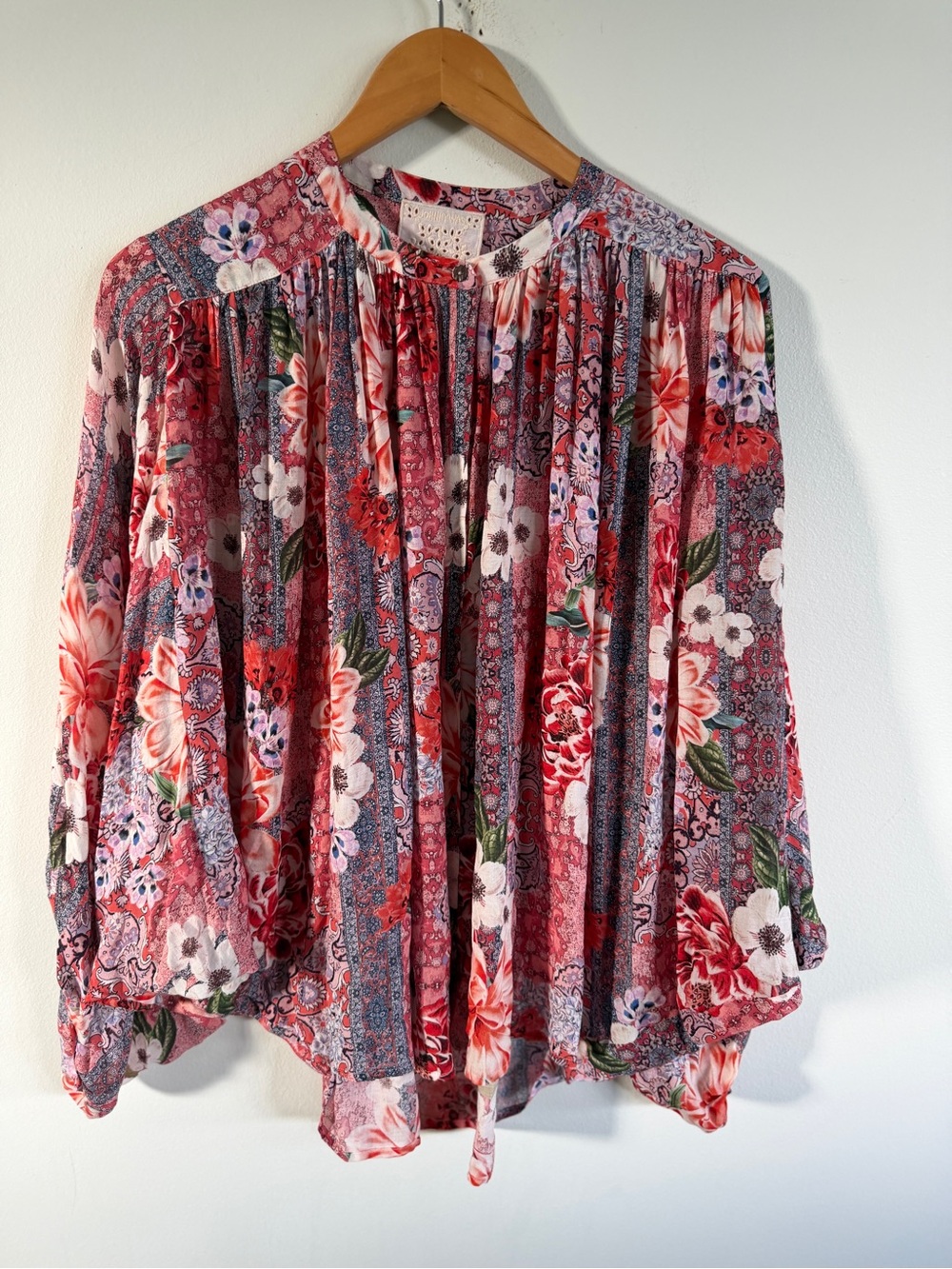 Johnny Was Red Floral Pleated small Blouse